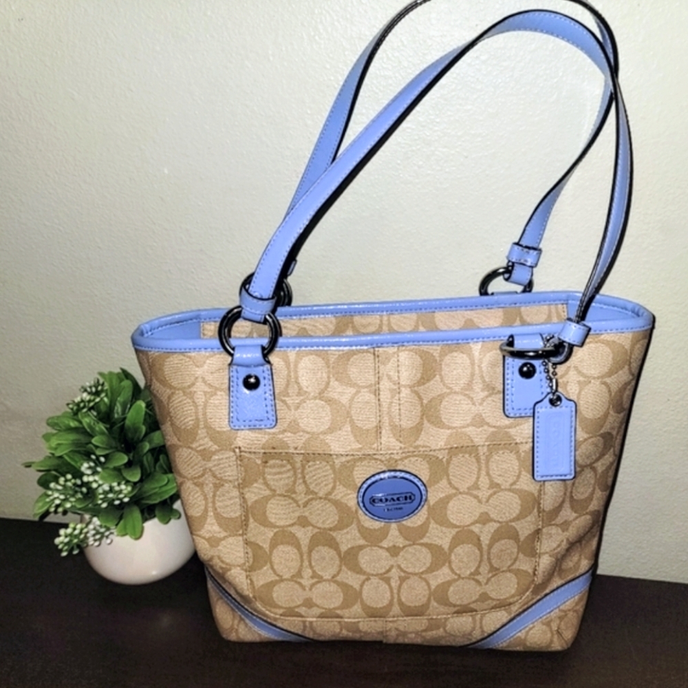 EUC Coach Tan and Blue Peyton Purse Tote Bag